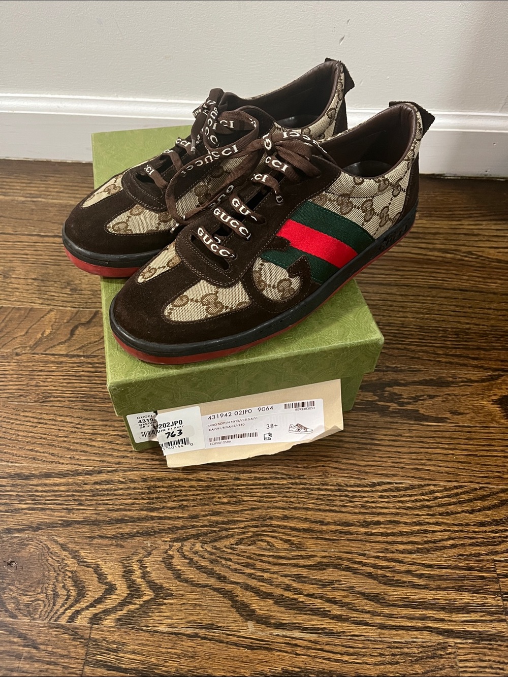 Gucci Brown Monogram Velvet Sneakers with Red and Green Stripe